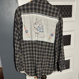 Repurposed vintage Plaid Shirt with Embroidered Dog Patch
